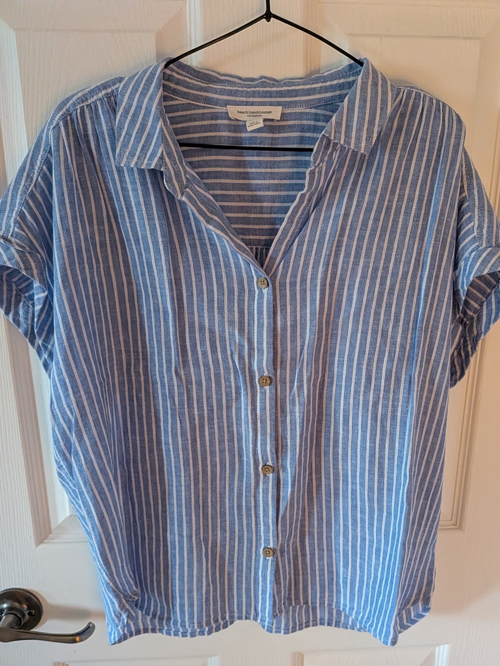 beachlunchlounge Blue and White Striped Short-Sleeve Button Blouse Linen Mix